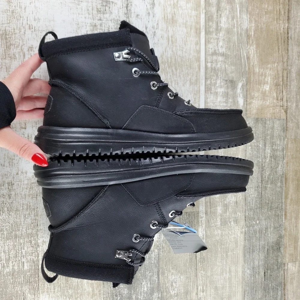 Hey Dude Bradley Classic Tumbled Mens Ankle High Boot Sz 9 Black Leather Lace-Up